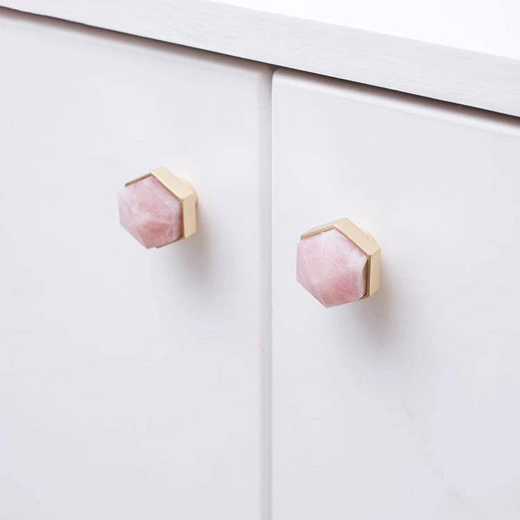 VICKI BROWN Natural Crystal Brass Cabinet Knobs Euro Light Luxury Single Hole Pulls for Wardrobe Furniture Hexagon 6 Pcs