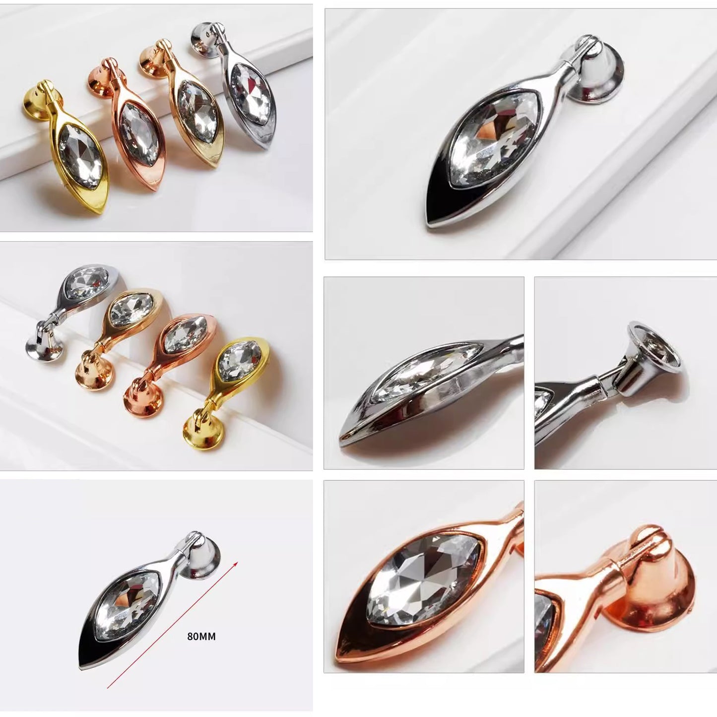 VICKI BROWN 12 Pcs K9 Crystal Pendant Handle Modern European Single Hole Diamond Pulls for Cupboard Drawer Wardrobe Shoe Cabinet Leaf Shape