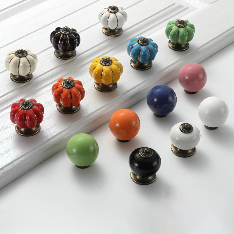 VICKI BROWN 10 Pcs Single Hole Colorful Pumpkin Ceramic Cabinet Knobs Round Shape Cartoon Pull Handles White Ball Shape Drawer Handle