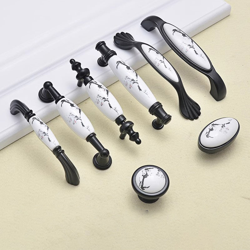 VICKI BROWN Ink Plum Blossom Ceramic Handles European Modern Simple Wardrobe Drawer Kitchen Cabinet Door Cabinet Handle Knob Black and White 12 Pcs
