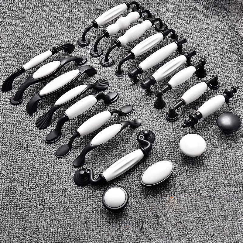 VICKI BROWN 12 Pcs Black White Ceramic Zinc Alloy Kitchen Cabinet Handles European Style Double Holes Dresser Drawer Pulls