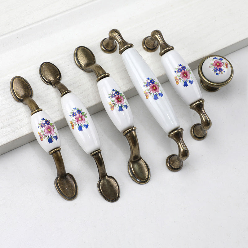 VICKI BROWN 12 Pcs Blue Flower Vintage Pastoral Ceramic Cabinet Pulls European Style Handles with Bronze Finish Knobs for Drawer, Closet,Wardrobe Door