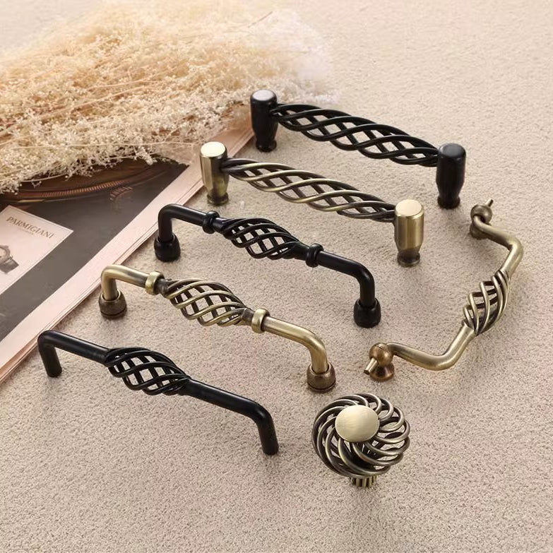 VICKI BROWN Antique Bronze Pastoral Birdcage Handle Northern European Spiral Cabinet Furniture Wardrobe Door Pull Knobs Black 12Pcs