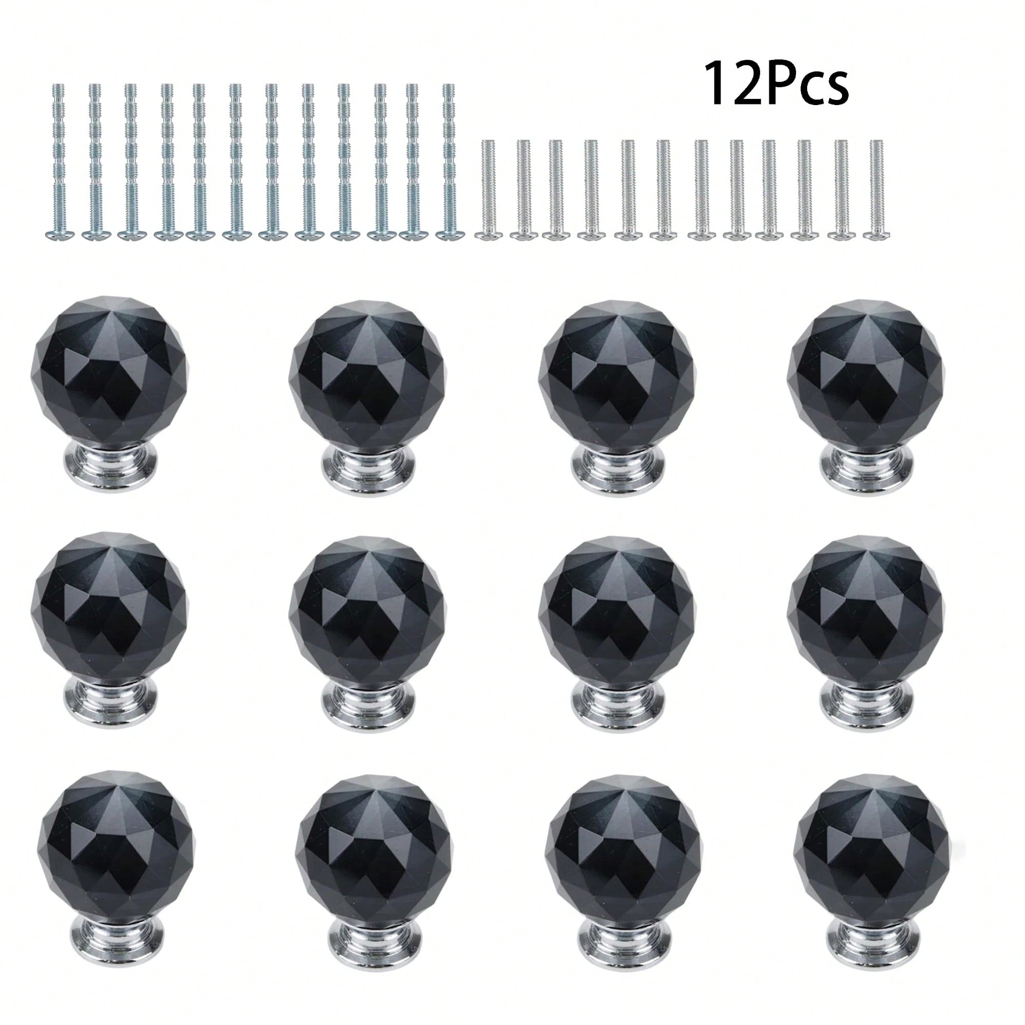 1.18 Inch/30 MM Pack Of 12 Round Crystal Cabinet Knobs With Screws, Dresser Knobs Handle For Home, Kitchen, Drawer And Cupboard(Black+Silver)