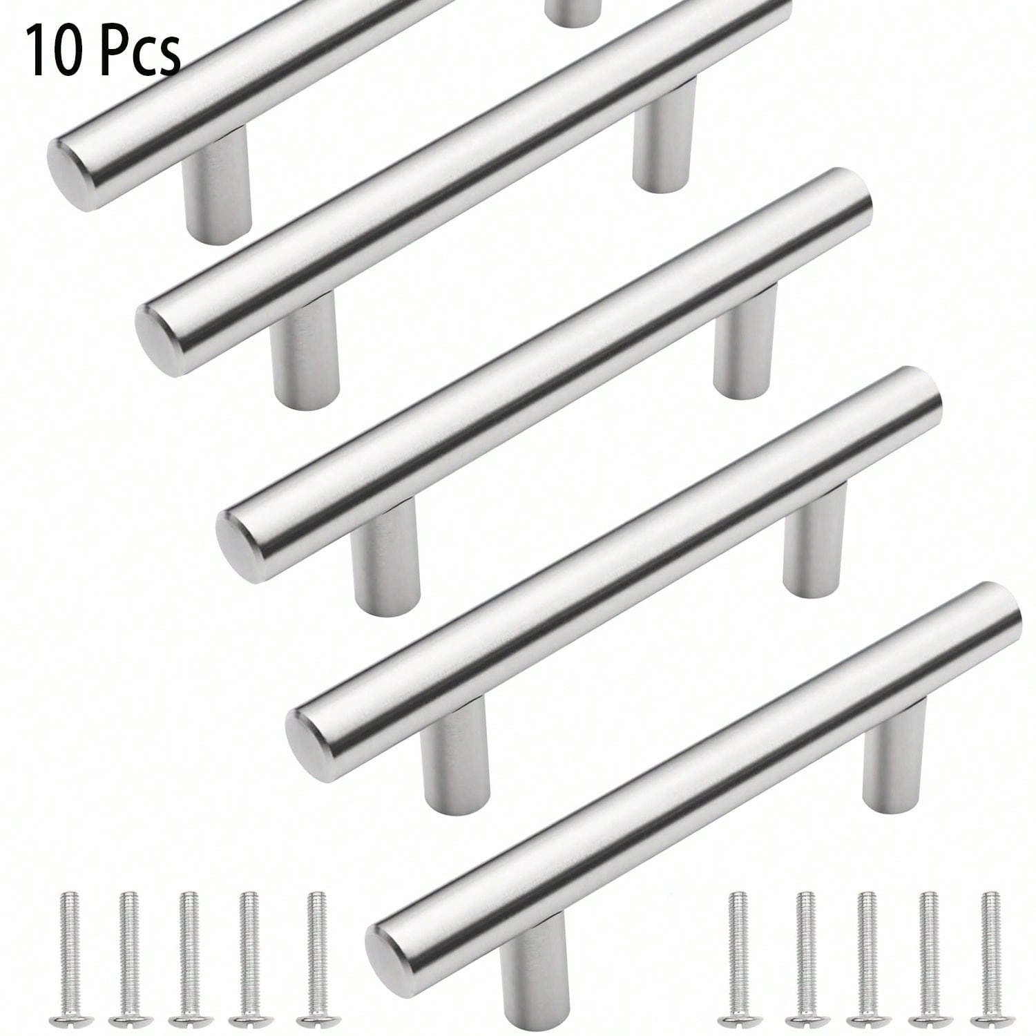 10Pcs Classic Kitchen Cabinet Handles, Door And Dresser Drawer Pulls, Bathroom Hardware Handles, 3-3/4-Inch (96mm) Hole Centers, Brushed(96mm Center To Center)