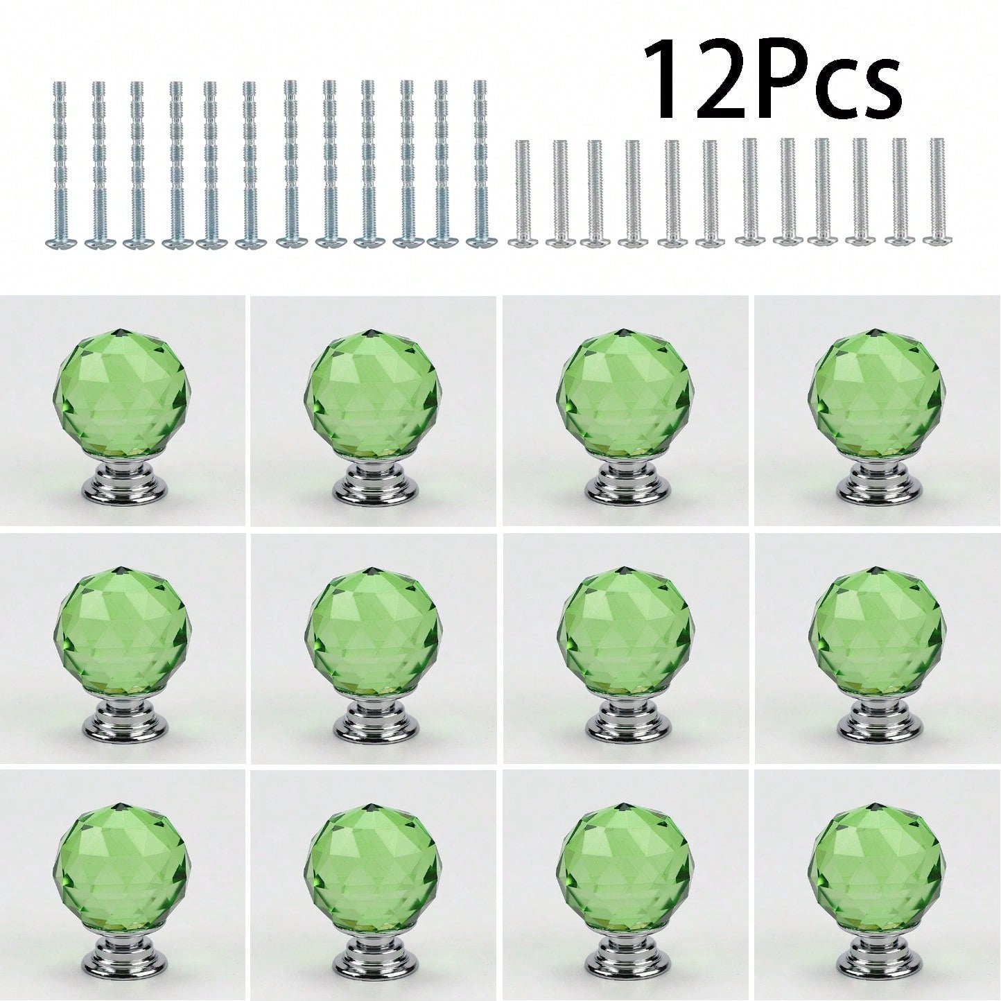 1.18 Inch/ 30 MM Pack Of 12 Round Crystal Cabinet Knobs With Screws, Dresser Knobs Handle For Home, Kitchen, Drawer And Cupboard(Green+Silver)