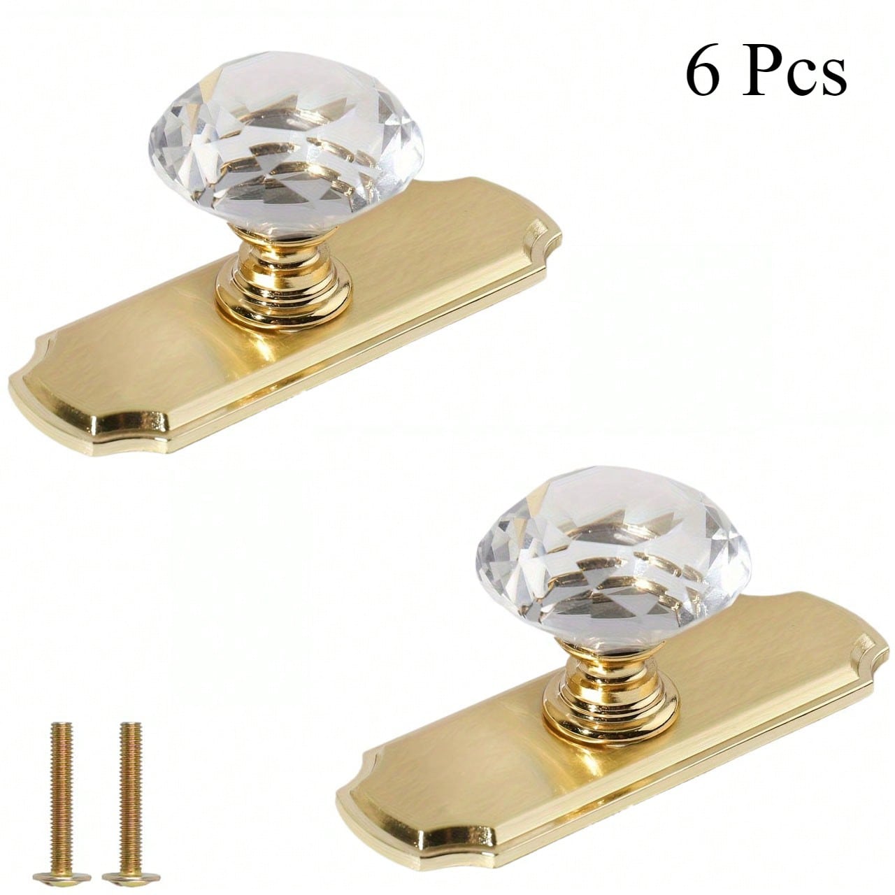 6 Pcs Round Clear Crystal Door Knobs, Zinc Alloy Base Single Hole Drawer Pulls, Gold Cabinet Handles.