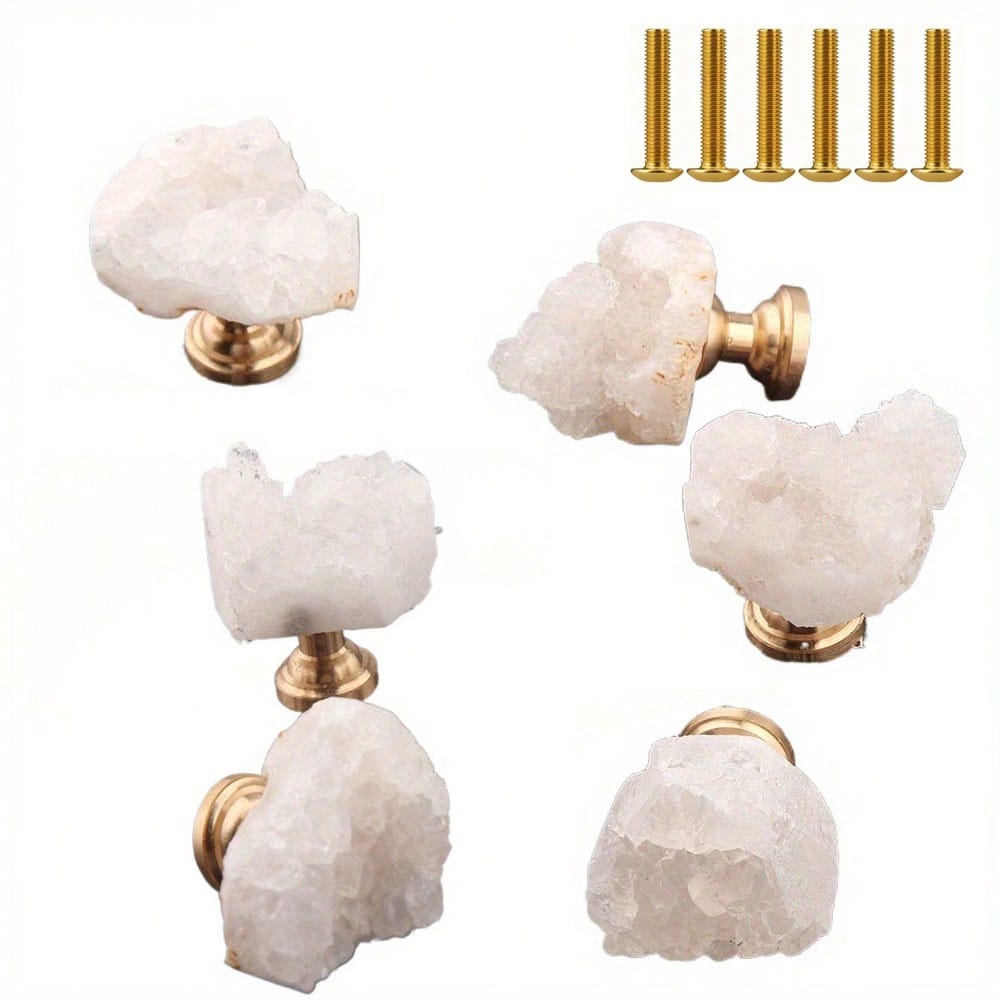 6Pcs White Natural Fluorite Drawer Knobs, Brass Cabinet Pulls.