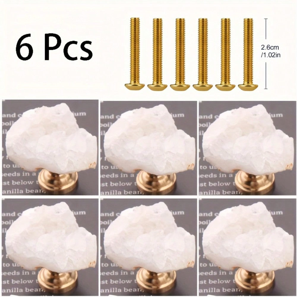 6Pcs White Natural Fluorite Drawer Knobs, Brass Cabinet Pulls.