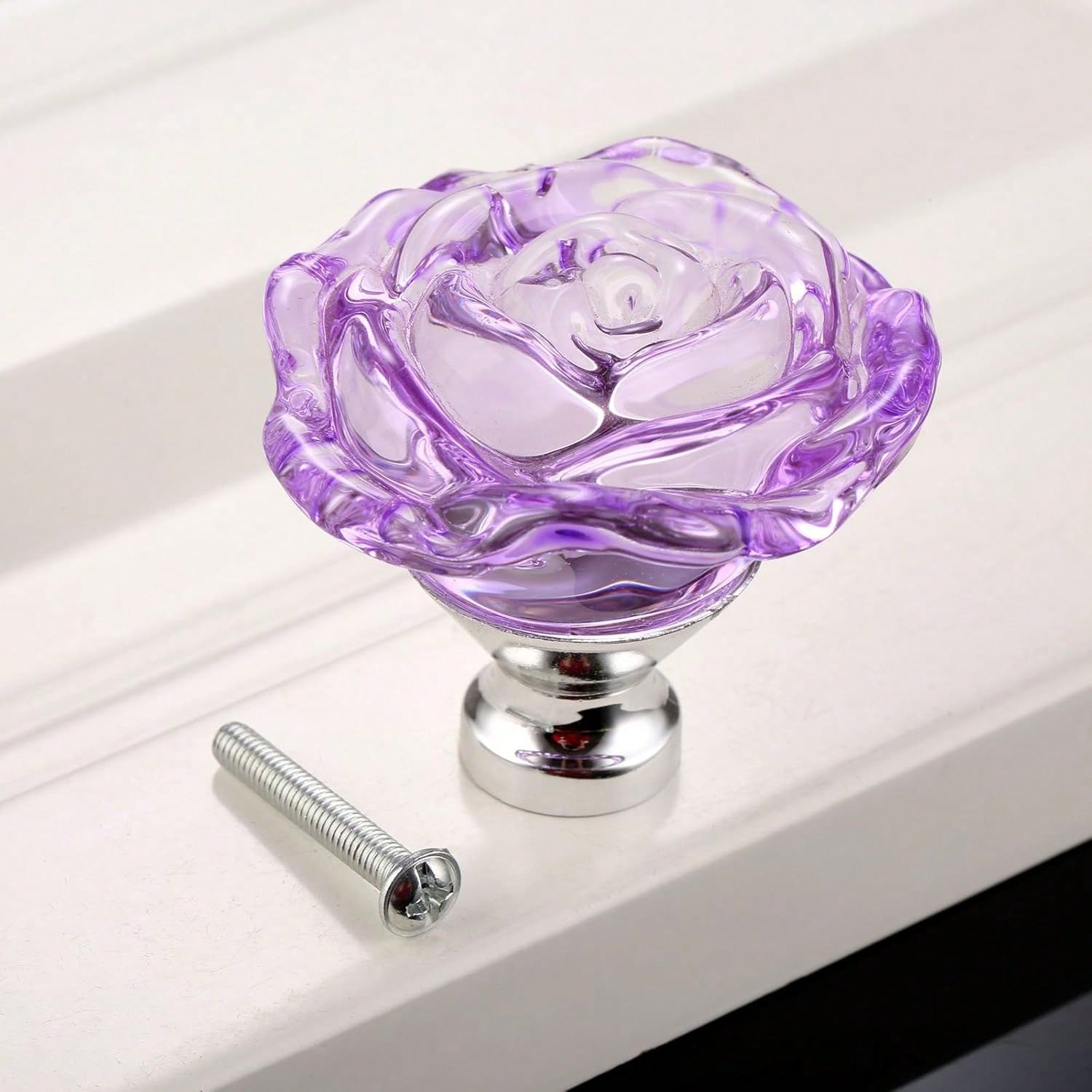 4PCS Glass Cabinet Knobs, Purple Crystal Clear Pulls Rose Shape Dresser Handles for Drawer Cupboard Bathroom Kitchen Furniture Hardware Decoration, with Screws