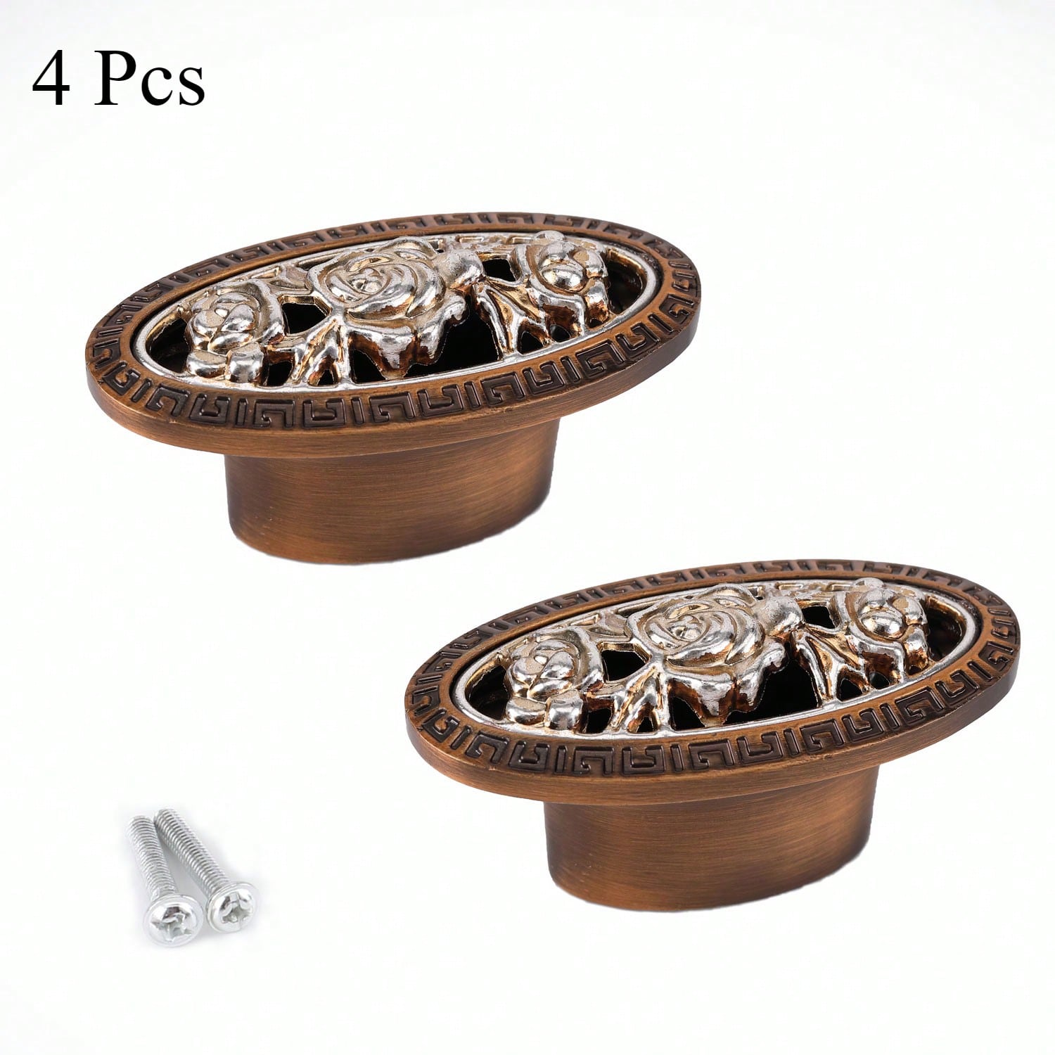 Archived photograph of 4Pcs Oval Rose Drawer Handles, Vintage Zinc Alloy Cabinet Handles, Coffee Color Hardware Pulls.