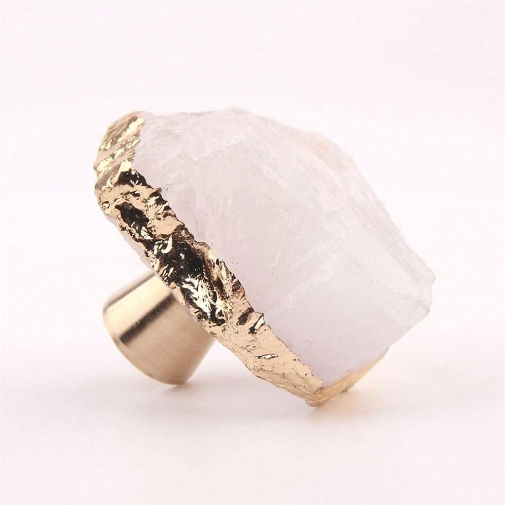 Natural Stone Drawer Knobs 4 Pack Kitchen Cabinet Knobs White Crystal With Gold Foil, Drawer Pulls Door Handles Knobs Irregular 1~1.5" (30-40mm) DIY Cabinet Decoration