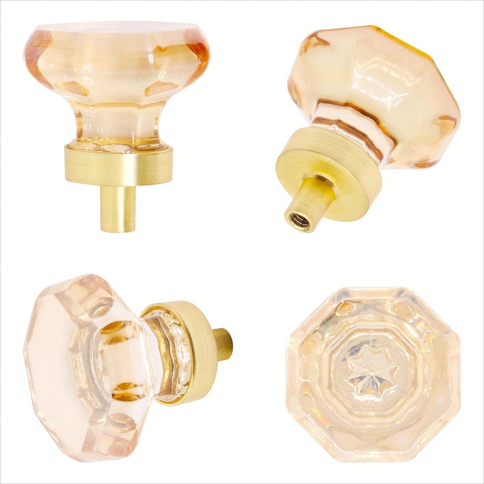 Cabinet Knobs 6Pcs, Crystal Knobs For Dresser Gold Cabinet Pulls Drawer Knobs Furniture Dresser Knobs, 1-3/8" Diameter Glass Drawer Knobs Handles For Kitchen, Bathroom (Octangle Champagne)