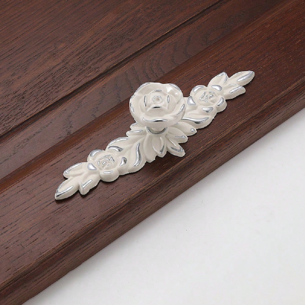 4PCS Euro Rose Cabinet Knobs With Backplate, Vintage Kitchen Zinc Alloy Flower Drawer Pull Handles For Dresser Vanity Nightstand Cupboard Wardrobe (5.7 X 1.7 Inch, Silver Edge)