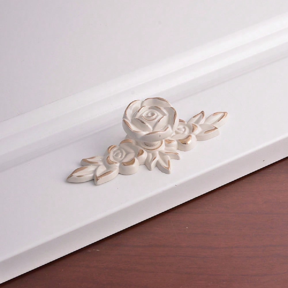 Rose Cabinet Knobs With Back Plate, 4 PCS Vintage Zinc Alloy Handles Ivory White Drawer Handle Knobs For Wardrobe Dresser Cabinet With Screws(5.91"L X 3.94"W,Golden Edge)