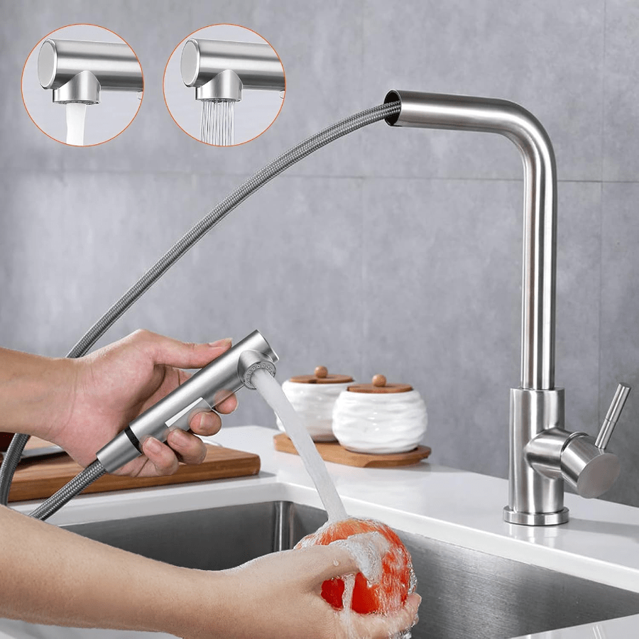 1Pc Faucet Kitchen with Shower Extendable Mixer Tap 360° Swivel Brushed Stainless Steel Single Hand Tap for Kitchen Motorhome