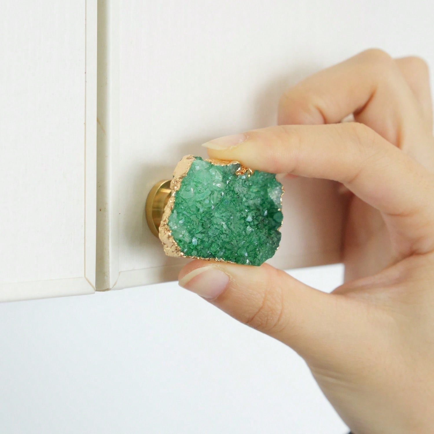 Green Fluorite Cabinet Knobs Crystal Stone Drawer Knobs Handles Decorative Gold Plated Gemstone Cupboard Pulls For Home Office Decor 4 Pack