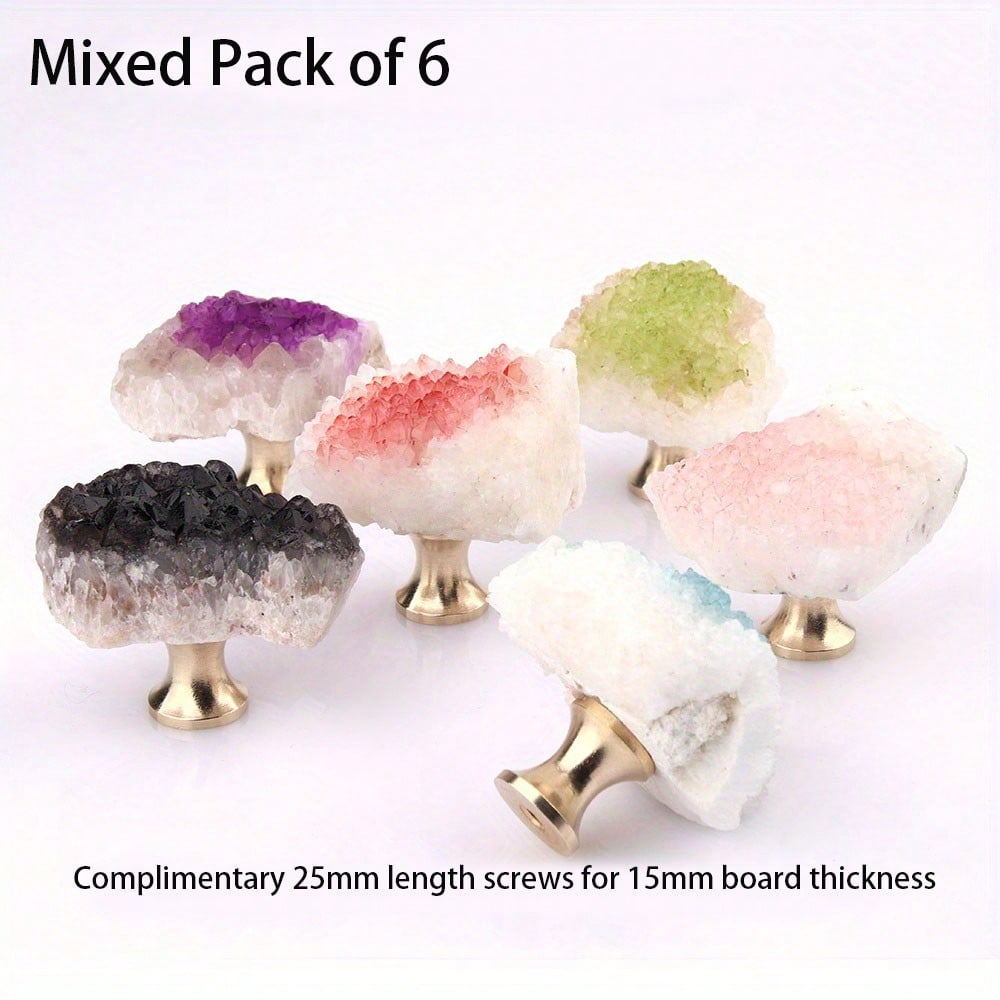 6Pcs White crystal buds colorful brass single hole pulls light luxury drawer cabinet door small handle natural ore brass pulls