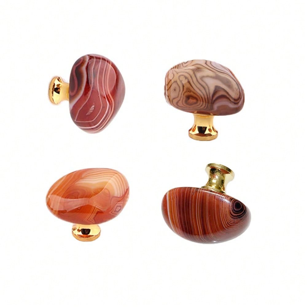 4pcs Light Luxury Red Agate Carnelian Handles Metal Base Drawer Cabinet Wooden Box Knobs Carnelian Kitchen Cabinet Pulls
