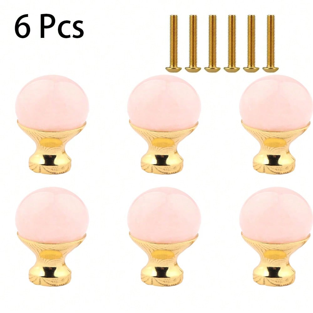 6 Pcs Light Luxury Crystal Glass Door Drawer Knobs, Pink Crystal Gold Knobs and Pulls Drawer Wardrobe Closet Dresser Knobs Diameter 25mm