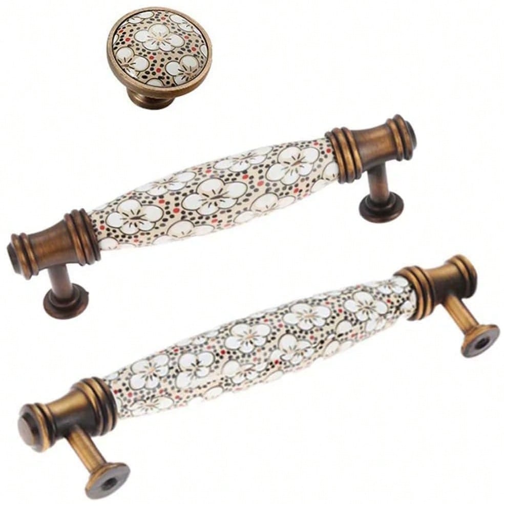 Vintage Pottery Cabinet Door Knobs Pull Handles,Classic Ceramic Handle Simple Drawer Wardrobe Door Handle(A 96mm)