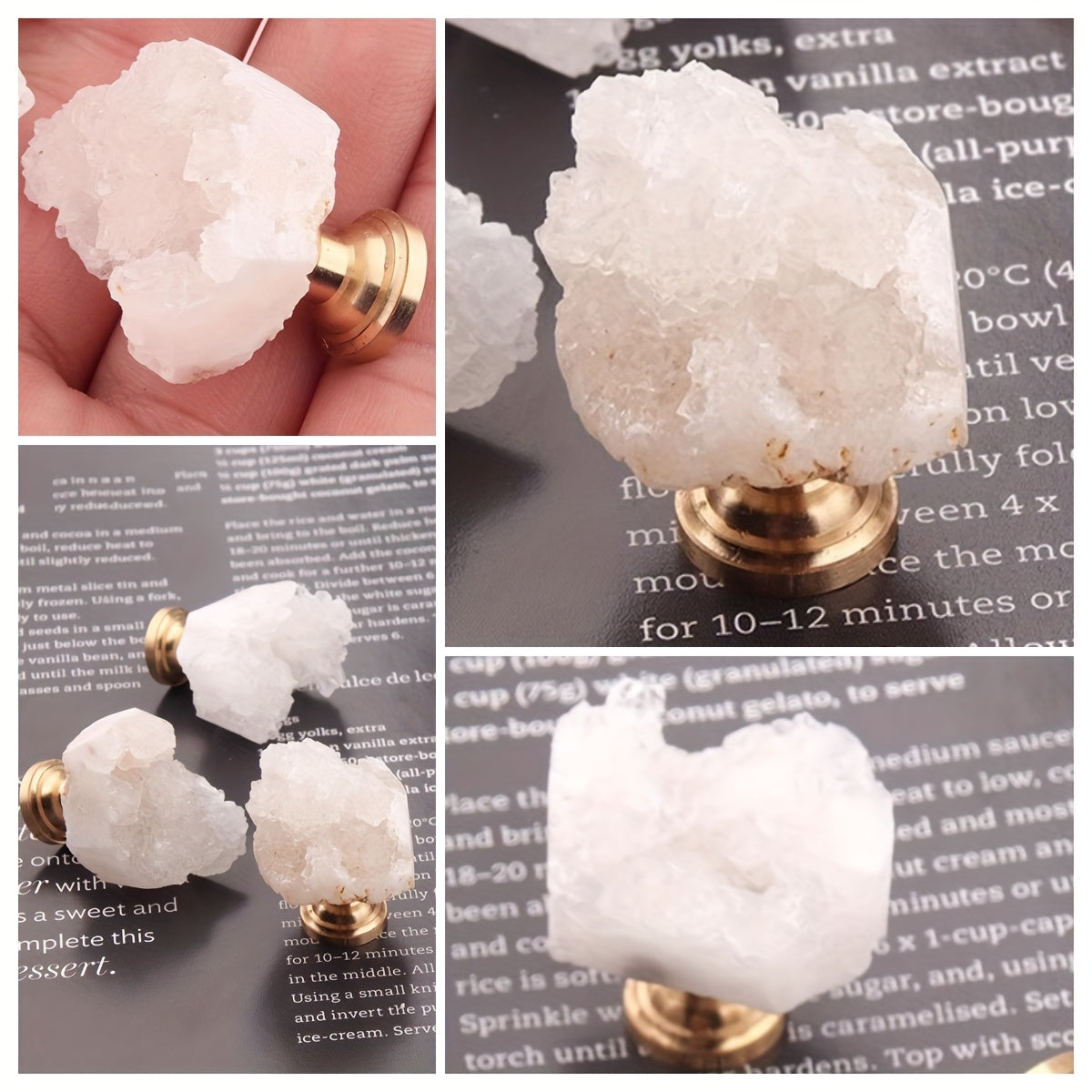 White Natural Fluorite Drawer Knobs, Brass Cabinet Pulls, 6pcs