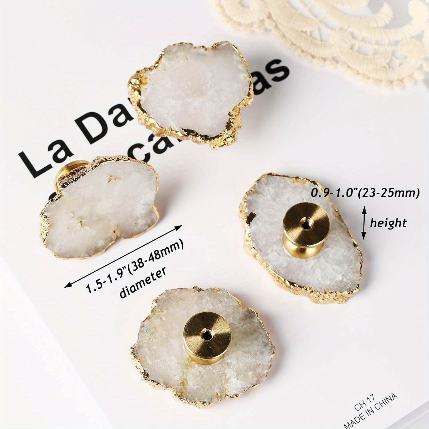 Natural Ore Crystal Pulls, Light Luxury Brass Single Hole Drawer Knobs, Gold Plated Gemstone Pulls, White 4 Piece 1.49“-1.88”/0.9“-0.98” (L/W) crystal knobs for drawers crystal knobs for cabinets