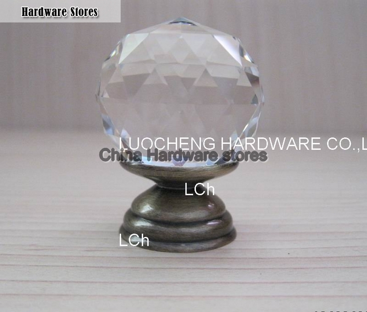 20PCS/LOT  30MM CLEAR CUT CRYSTAL CABINET KNOB ON BRASS BASE W ANTIQUE BRASS FINISH