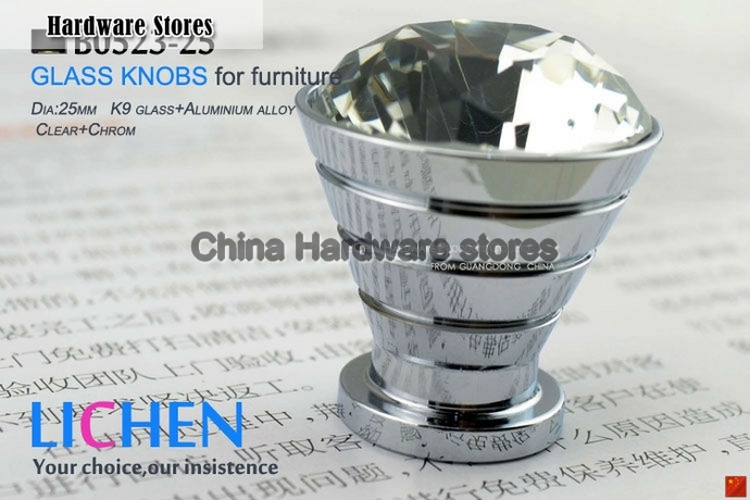 25mm LICHEN K9 Glass Knobs aluminium knobs diamond Crystal Furniture Handle diamond knobs& Cabinet &Drawer Knob