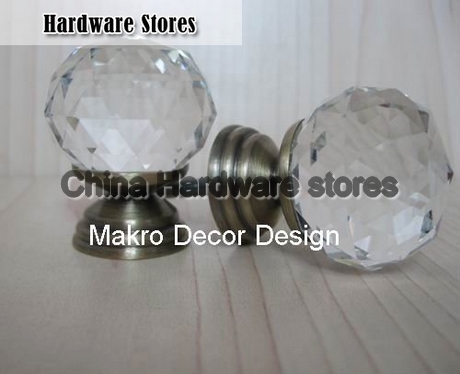 Clear crystal furniture knob\\20pcs lot\\30mm\\brass base\\antique brass plated