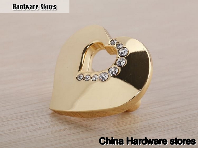 K9 Crystal Glass Gold Love Heart Handle Knob Cabinet Door New (Size: 35MM*20MM)