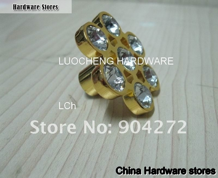 30PCS/ LOT FLOWER CLEAR CRYSTAL KNOBS WITH ALUMINIUM ALLOY GOLD METAL PART
