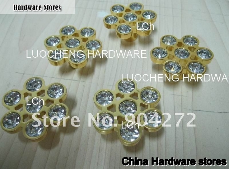 30PCS/ LOT FLOWER CLEAR CRYSTAL KNOBS WITH ALUMINIUM ALLOY GOLD METAL PART