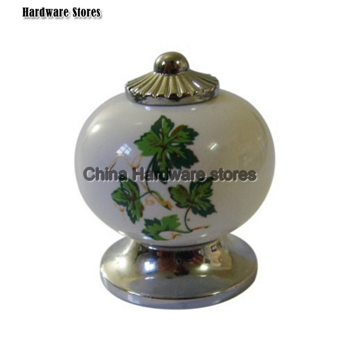 Silver zinc + green leaf ceramic door knobs/ unique handle knobs/ kids dreaaer handles/ cabinet knobs/ drawer pull AL59-PC