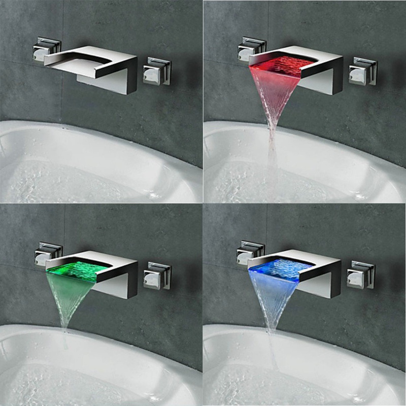 new led color changing wall mount chrome brass finish square dual handle kitchen sink led faucet mix tap