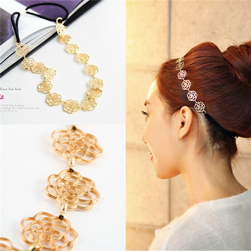 2015 new stylish ladys fashion metal chain jewelry hollow rose flower elastic hair band headband 2015 new stylish ladys fashion metal chain jewelry hollow rose flower elastic hair band headband