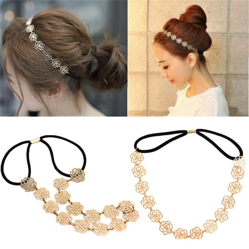 2015 new stylish ladys fashion metal chain jewelry hollow rose flower elastic hair band headband