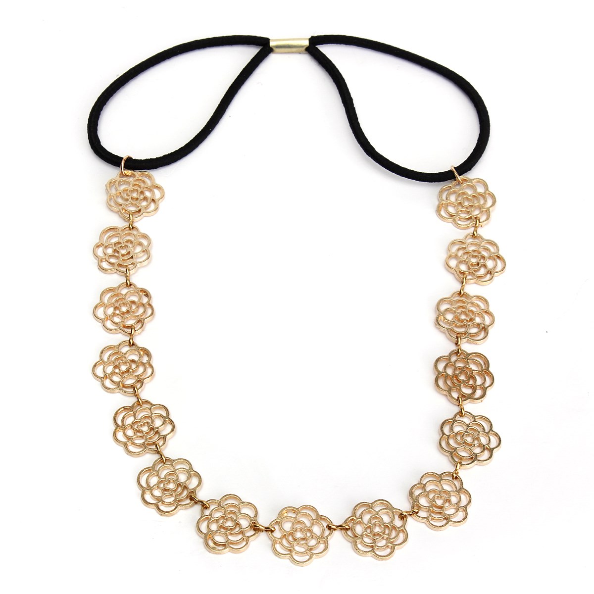 2015 new stylish ladys fashion metal chain jewelry hollow rose flower elastic hair band headband