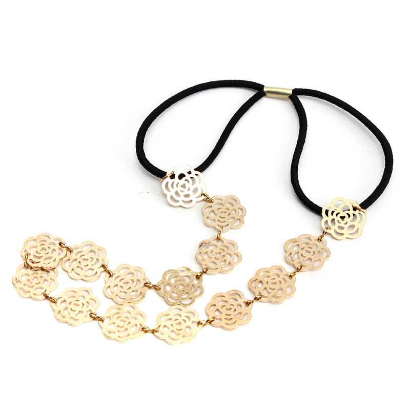 2015 new stylish ladys fashion metal chain jewelry hollow rose flower elastic hair band headband