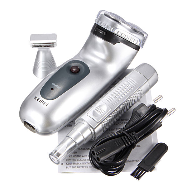 convenient fashion style mens electric rotary shaver km-3943 3 in 1 mustache/sideburn & ear/nose trimmer home travel silver