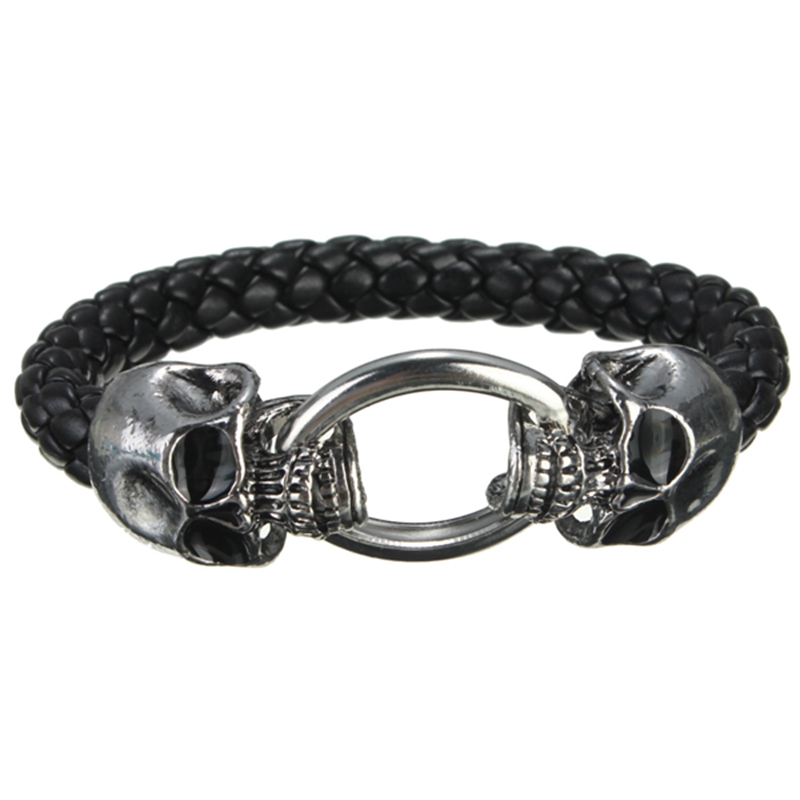 new arrival fashion trendy mens black tone skeleton skull stainless steel leather bracelet great gift