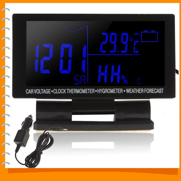 12v / 24v led digital auto car thermometer + car battery voltmeter voltage meter tester + hygrometer + weather forecast + clock