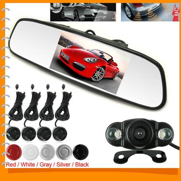 4.3 inch tft lcd car rearview mirror monitor 2 video input + 4 parking sensor + waterproof reverse rear view camera 4.3 inch tft lcd car rearview mirror monitor 2 video input + 4 parking sensor + waterproof reverse rear view camera