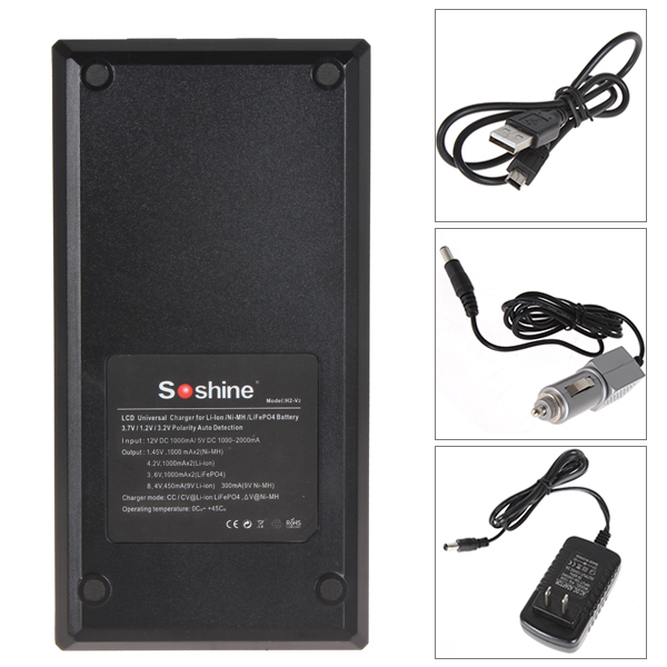 soshine h2 universal lcd intelligent smart battery charger for 26650 18650 16340 aa aaa c battery + car charger + retail box