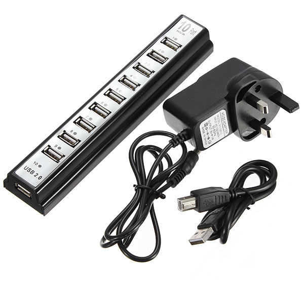 brand new 10 port usb 2.0 hi-speed hub cable extension splitter & ac-dc power adapter uk