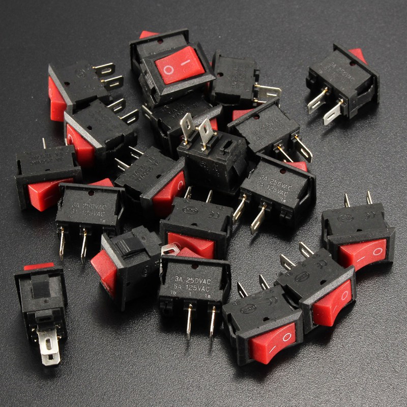 brand new portable precision fine 20pcs 250v 3a mini boat rocker switch spst on-off 2-pin black/red plastic button