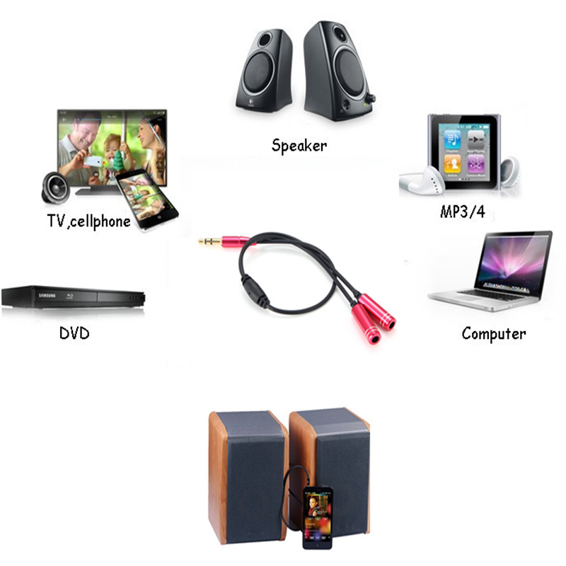 new arrival 5 colours 3.5mm stereo audio y splitter 1 male to 2 dual female cable adapter earphone