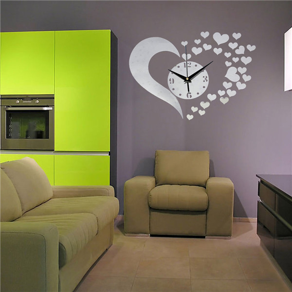 new arrival fashion diy 3d home modern living room decor love mirror sticker wall clock silver new plfl