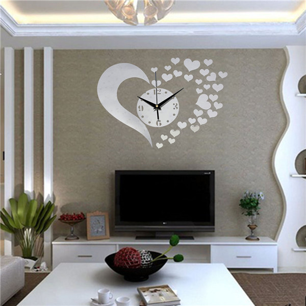 new arrival fashion diy 3d home modern living room decor love mirror sticker wall clock silver new plfl