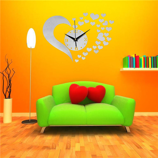 new arrival fashion diy 3d home modern living room decor love mirror sticker wall clock silver new plfl